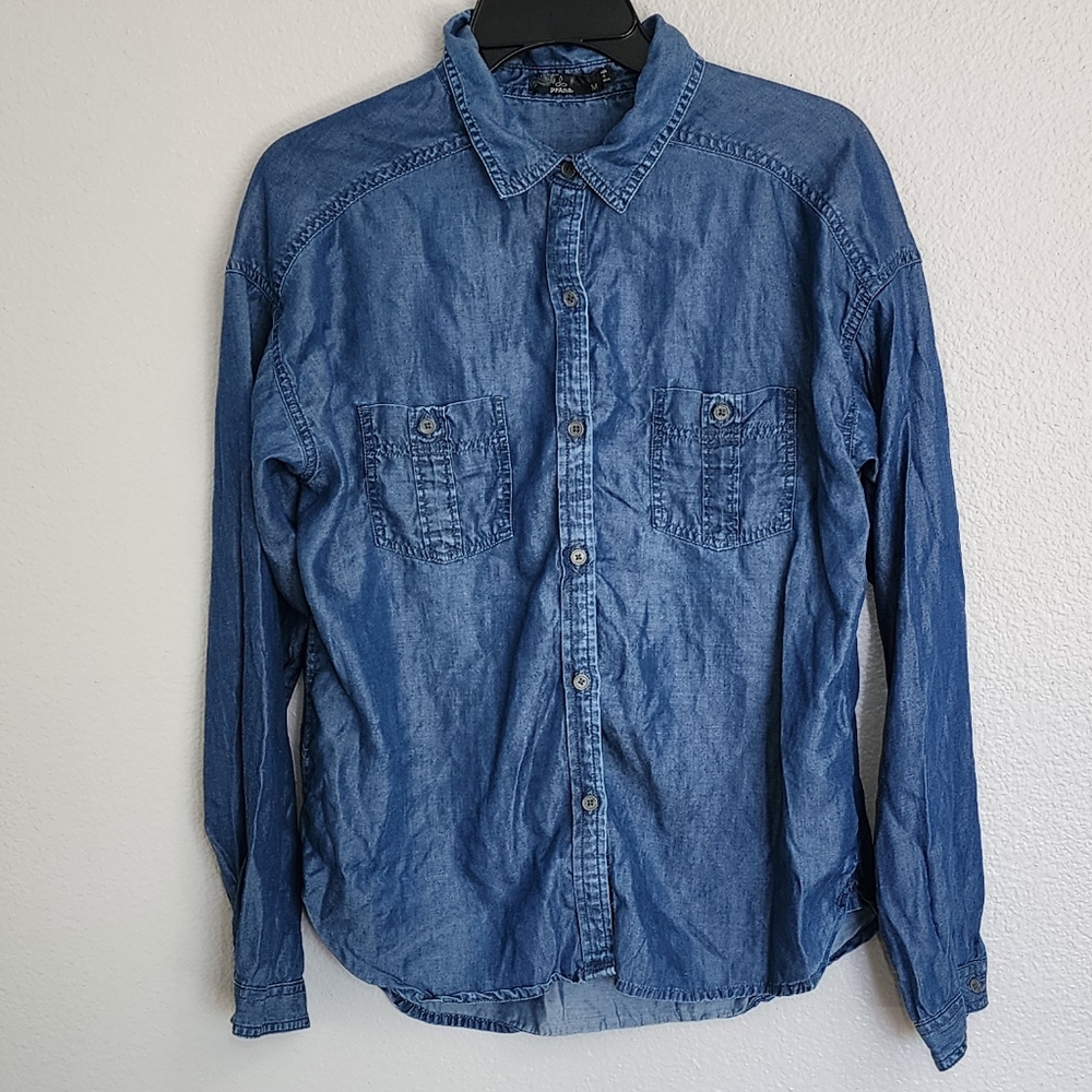 Prana Blue Upshift button up shirt/ tunic/ Size M
